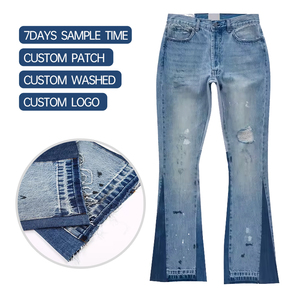 Oem Custom High Quality <b>Men</b> Slim Fit Raw Edge Washed Patchwork Ripped Denim Stacked Flare <b>Jeans</b> Manufacturer - Product Image 1