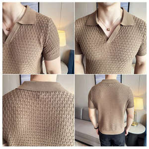 Polo violet à col en V pour hommes, haut décontracté à manches courtes pour tous les jours, chemise en tricot creux pour hommes élégants nouveau - Product Image 1