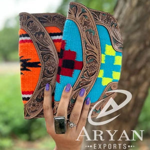 New Stylish Western Aztec Tooled Leather Clutch Real Handmade Vintage Brown Tooling <b>Purses</b> Unique Aztec Quilted Leather Clutch - Product Image 1