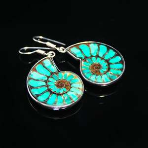 Boucles d'oreilles pendantes en argent sterling 925 pour femmes, mariage, cristal bleu ammonite, forme fantaisie, faites à la main, Silvercrowninc - Product Image 3