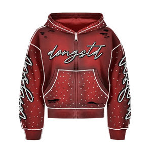 Sweat à capuche streetwear personnalisé avec strass Glory, de haute qualité, en molleton français lourd, vintage, ample, à fermeture éclair, court - Product Image 5