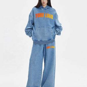 Survêtement confortable délavé à l'acide avec logo personnalisé pour femmes survêtement de grande taille ensemble de sweat à capuche épais et à manches longues au design moderne - Product Image 4