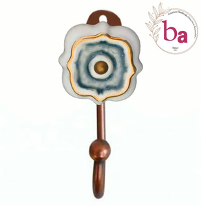 Moroccan <b>Gold</b> Hand Painted Antiqued Cast Iron Coat <b>Wall</b> Mounted <b>Hook</b> Ceramic Coat Rack with Brass Knobs - Product Image 1