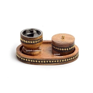 ชุดเตา bakhoor ไม้มะม่วงทำมือพร้อมกล่องใส่ธูปทองเหลืองแบบดั้งเดิมและกล่องเก็บของบนถาดตกแต่ง - Product Image 1