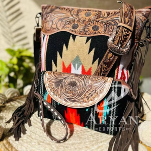 กระเป๋าถือหนัง Aztec แบบดั้งเดิมสไตล์ตะวันตกใหม่กระเป๋าสะพายไหล่สีสันสดใสและชุดคอมโบที่มีเอกลักษณ์ - Product Image 1