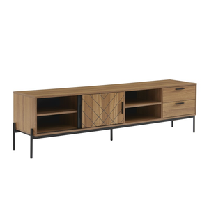 Mueble de TV Industrial de Madera con Acabado Roble Oscuro, Puertas Correderas con Patrón 3D Extensibles, Cajones y Patas Metálicas, 65+ Pulgadas, para Sala de Estar o Dormitorio - Product Image 5