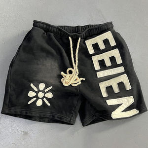 Short à sueur Streetwear pour hommes personnalisé soleil délavé coton éponge français Applique Patch broderie détresse Vintage lavage à l'acide court - Product Image 1