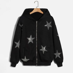 Sweat à capuche court surdimensionné en streetwear avec logo personnalisé, 400 g/m², délavé à l'acide, noir, avec strass sur toute la surface, sweat à capuche d'hiver pour homme - Product Image 4