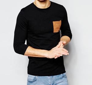 Camiseta cómoda de corte regular, manga larga, cuello redondo, con bolsillo en contraste en el pecho para hombre, hecha con jersey de tacto suave. - Product Image 1