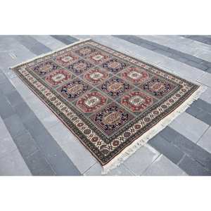 พรมขนแกะสีน้ำเงินสีแดงคลาสสิกขนาด5.1x7.2ฟุตงานแฮนด์เมดทรงสี่เหลี่ยมผืนผ้าพื้นที่ขนาดใหญ่ของตุรกีงานเย็บปะติดโถงทางเดินน้ำยาง10มม. - Product Image 2