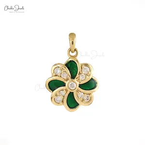 0.09 TCW Natural Diamond Floral Pendant 14k Yellow Gold Green Enamel Pendant Birthstone Fine Jewelry Manufacturer from India