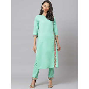 Ensemble Kurta Droit Brodé en Coton pour Femme avec Pantalon Vert Marine 46 Pouces 38 Pouces - Product Image 4