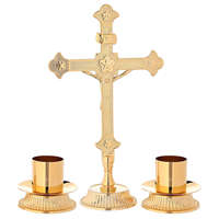 Croix d'autel en laiton avec deux chandeliers, ensemble décoratif religieux pour l'église, pour la messe, la table d'exposition et les cérémonies spirituelles