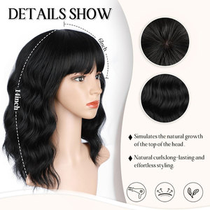 วิกผมสั้นสีบลอนด์ดูเป็นธรรมชาติมีผมม้า14นิ้วผมสังเคราะห์ยาวถึงไหล่เป็นลอนสำหรับผู้หญิงและเด็กผู้หญิงสีดำทนความร้อน - Product Image 3