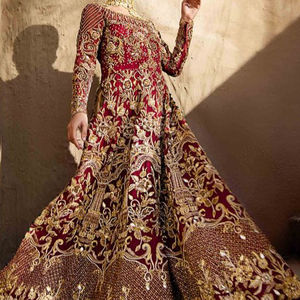 Elegante hermoso indio/paquistaní pesado nupcial Anarkali Lehenga vestido adornado cuentas de cristal Dabka hecho seda algodón - Product Image 1