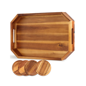 Ensemble de plateaux de restauration rapide en bois massif Offre Spéciale Vaisselle en bois d'acacia la plus vendue en bois non en bois Plateau en bois d'acacia pour usage domestique avec ensemble de sous-verres de 4 pièces - Product Image 1