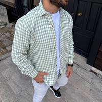Sobrecamisa Casual para Hombre, Estilo Shacket, Satén, Doble Botonadura, Manga Larga, Estilo Urbano, Prenda Exterior de Moda, con Bolsillos, Ligera, a Cuadros