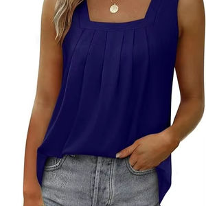 Camisetas sin mangas de verano para mujer, blusas sin mangas plisadas con cuello cuadrado y dobladillo curvo fluido - Product Image 5