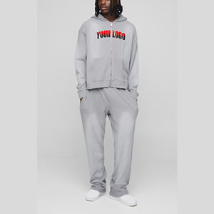 Nueva llegada 2025 hombres 100% algodón cordón lavado chándal personalizado DTF impreso Logo sólido tela térmica Hip Hop conjunto de 2 piezas - Product Image 6