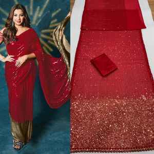 Hermoso Sari Georgette de calidad pesada con corte de lentejuelas y bordado de borde de encaje Material Modal de trabajo para adultos - Product Image 1