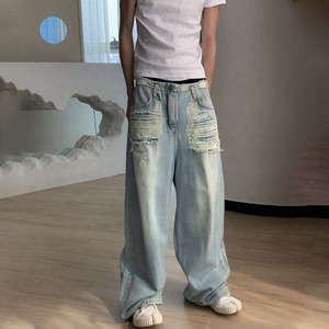 Pantalon en jean baggy pour homme personnalisé, pantalon droit délavé, taille basse, lavage clair, motif uni, respirant pour le printemps - Product Image 5