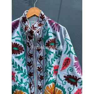Women's Indian Floral Embroidery Velvet Fabric Jacket <b>Coat</b> with Cotton Lining Stand Collar for Autumn Party Wear - Product Image 3