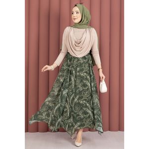Khaki Asymmetrical Cut Chiffon <b>Skirt</b> Shawl Pattern Soft Breathable Straight Pencil Wrap Styles Digital Printed Natural Waistline - Product Image 1