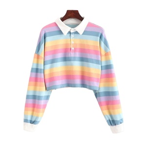 Hoodies Women <b>rainbow</b> Patchwork women's sweatshirt summer Button turndown Harajuku Streetwear Fashion Crop <b>Top</b> Hoodie - Product Image 1