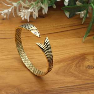 Fish Design Bangle for Women Bohemian Statement Cuff <b>Bracelets</b> Ocean Inspired Adjustable Antique Silver golden. - Product Image 1