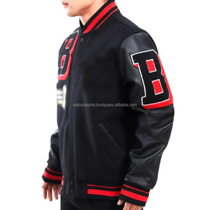 Hot Sale Black with Red Color Embroidery Logos <b>Patches</b> and Labels <b>Jacket</b> for Men Wool Letterman Real Leather Varsity <b>Jackets</b> - Product Image 2