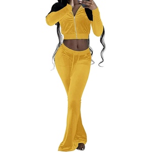 Ensemble de survêtement en velours 2 pièces, veste courte zippée et pantalon long à pattes d'éléphant avec poches, ensemble de vêtements de rue, ensembles en coton tendance - Product Image 6