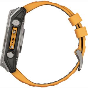 Montre connectée GPS multisports AMOLED de qualité supérieure fenix 8 51 mm avec un cadran en titane et un bracelet en silicone orange vif et graphite. - Product Image 1