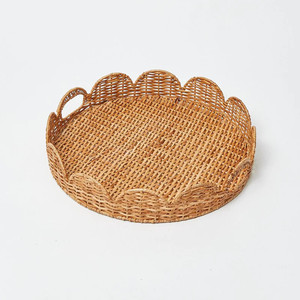 Elegant Handicraft Round Natural Scalloped Rattan <b>Tray</b> with Handles Decorative Villa Cute <b>Serving</b> <b>Tray</b> From Vietnam - Product Image 1