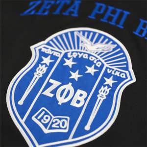 Camiseta de fútbol ZPB-Negro | Camiseta de 100% poliéster Zeta Phi Beta con logotipos y escudo bordados | Cuello en V, mangas a rayas - Product Image 3