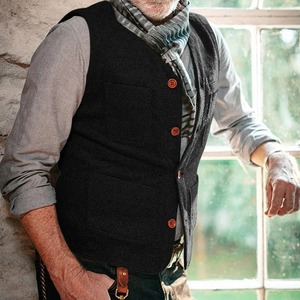 Chaleco de lana con cuello en V, estilo retro para hombre, chaleco de color sólido con un solo botón, adecuado para trajes de primavera y otoño. - Product Image 2