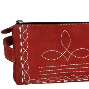 Pochette de voyage en daim rouge à la main Boot Stitch trousse de toilette en cuir rustique pour l'organisation quotidienne - Product Image 1