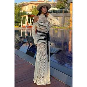 Vestido de punto calado 2847 con cinturón de satén, cintura natural, característica transpirable - Product Image 6