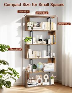 Estantería Moderna en Forma de S de 5 Niveles con Luces LED, Librería Marrón Rústica para Oficina en Casa, Estante Decorativo Industrial - Product Image 3