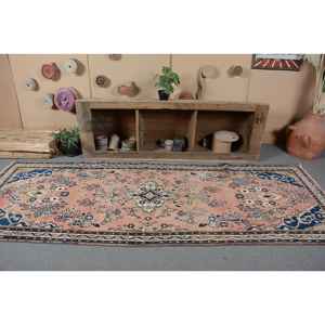 Traditional <b>Pink</b> Blue <b>Wool</b> Rug 3.5 X 10ft Vintage Turkish Large Area Rectangle Patchwork Abstract Latex for Hallway Use Room Rug - Product Image 4