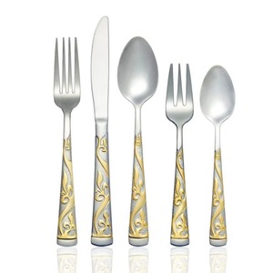 Stainless Steel Set Of 5 Flatware Ideal Kitchenware <b>Tabletop</b> Gifting Home Silver Color Plated Cutlery Handprinted Design Handle - Product Image 1