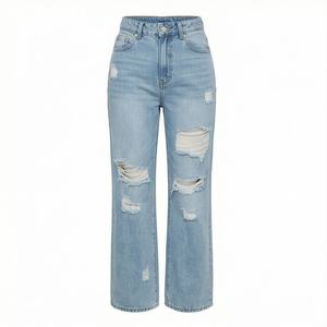 New Arrivals <b>Women's</b> Casual <b>Jeans</b> Dark Wash Straight Leg Denim <b>Jeans</b> Pants Plus Size Breathable <b>Stretchy</b> Ripped Design Trousers - Product Image 1
