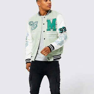 Veste universitaire avec manches en cuir contrasté et blouson bomber de baseball en laine mélangée vêtements d'extérieur streetwear décontractés - Product Image 6