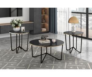 Mesas de Centro y Auxiliares Modernas y Ecológicas de 3 Piezas con Tapa Redonda de Vidrio Templado Negro y Estructura Metálica para Muebles de Sala de Estar - Product Image 6