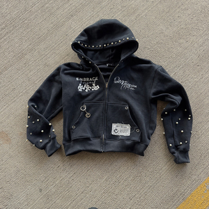 Custom Heavyweight French Terry <b>Pearl</b> Hoodie For Men Regular Fit Hip Hop Streetwear Zipper Up Hoodie With Embroidery Rhinestones - Product Image 1