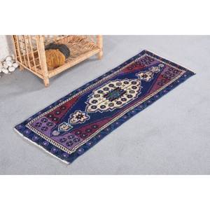 Vintage Ethnique Bleu Violet Patchwork Laine Tapis 1.4x3.7ft Boho Classique Rectangle Couloir Puzzle Conception À La Main Viscose Latex - Product Image 2