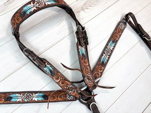 Juego de Brida y Collarín para Caballo de Cuero con Diseño de Cesta Oscura, Bordado con Puntadas Decorativas, Estilo Western, Personalizado para Equitación - Product Image 2