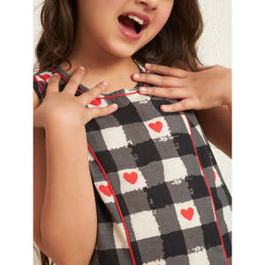 Robe longue jusqu'aux genoux pour fille, en coton noir et blanc, avec imprimé cœur et motif à carreaux - Product Image 2