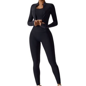 Custom Logo 3-Piece Plus Size Women Sportswear Set Ribbed Simple Seamless Sports Bra High Waist <b>Leggings</b> Gym Fitness Yoga Active - Product Image 4