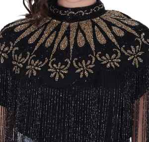 Robe de soirée brodée de perles à la main luxueuse avec cape frangée pour tenue de club ou utilisation de mariée Design brillant lourd - Product Image 1