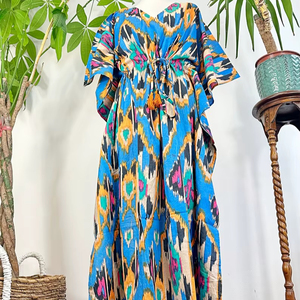 ผ้าคอตตอนแท้พิมพ์ลายกิโมโนแบบอินเดียสำหรับฤดูร้อนชุดคลุมชายหาดสวมใส่สบายผ้าเดนิมชายหาดสีฟ้ามัสตาร์ด - Product Image 3